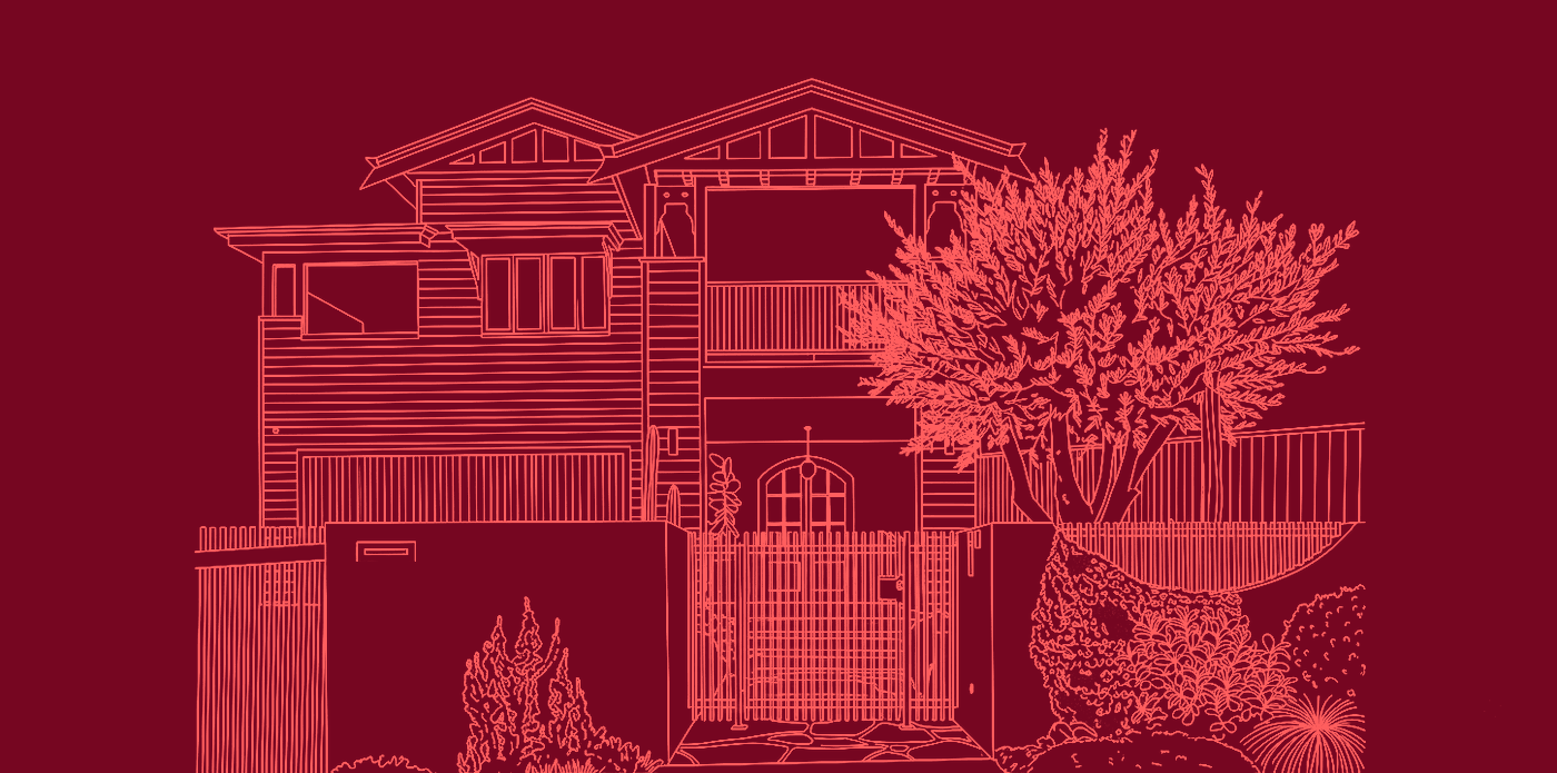 Line drawing of a Queenslander home