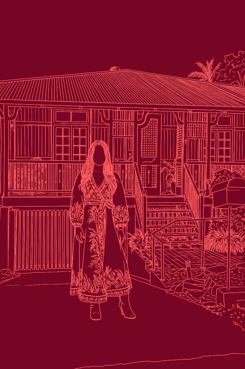 Line drawing of a client in front of her Queenslander
