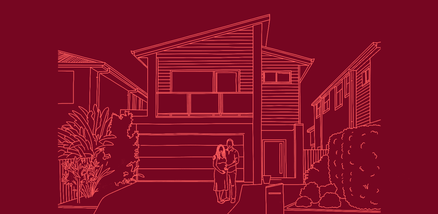 Line drawing of a couple in front of their new home