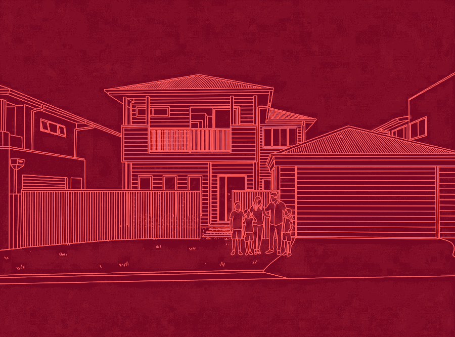 Line drawing of a family of five outside their two storey home