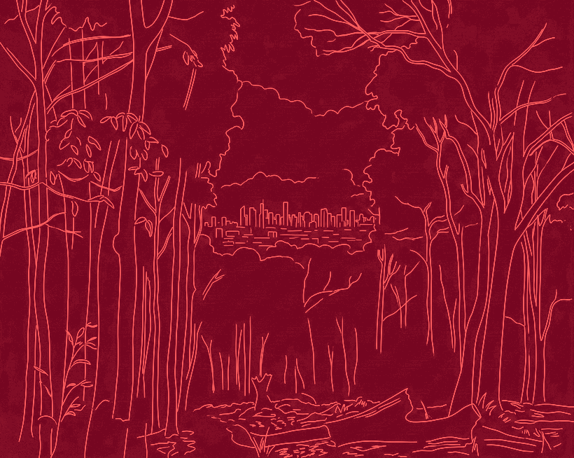 Line drawing of the city seen through the trees